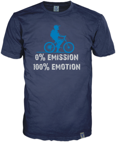 edles navy T-Shirt mit kurzem Arm und schmalem Kragen. Der Frondruclk zeigt einen Mountainbiker und den farblich abgesetzten schriftzug =5Emission, 100% Emotion