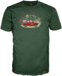 Landrover Defender auf dunkel grünem Rundhals T-Shirt der Marke 14ender  sowie aufwendigem Brandlabel am Saum