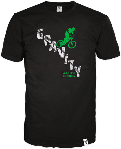 Edles schwarzes Shirt mit schwarz/weißen Labeln. Auf der Frontseite bedruckt mit einem grünen Mountainbiker der eine Gravity Line (weiß gedruckt) runterrauscht.