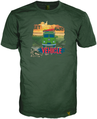 Marken T-Shirt dunke grün von 14ender mit Kultprint, T1 Bulli und Surfboard,"Get Away"