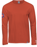 Oranges kleinsereien Longsleeve T-Shirt mit Rundhals, Vorderansicht, Woven Badge auf dem Arm Label am unteren Saum Logoprint in silver grey auf dem linken Arm über dem Bündchen