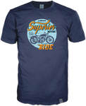 Supervinatge Design mit Motorrad Motiv auf der Frontseite eines dunkel blauem Edelshirts von 14ender