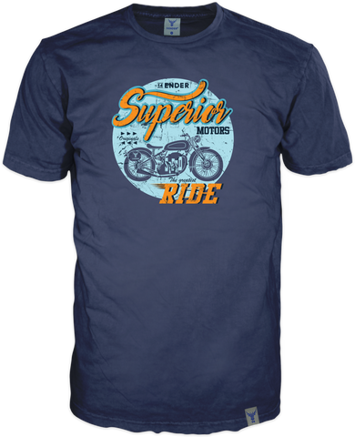 Supervinatge Design mit Motorrad Motiv auf der Frontseite eines dunkel blauem Edelshirts von 14ender