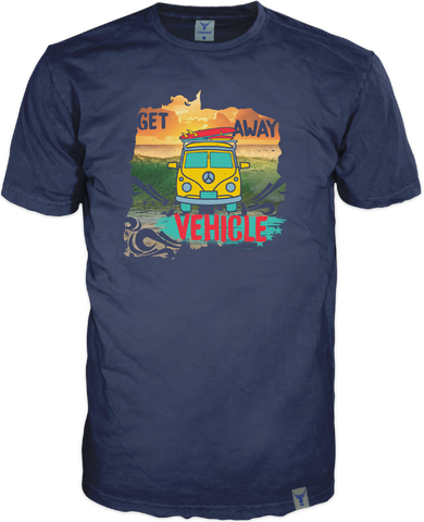 Dunkel blaues Marken T-Shirt von 14ender mit Kultprint,  Bulli und Surfboard,"Get Away"